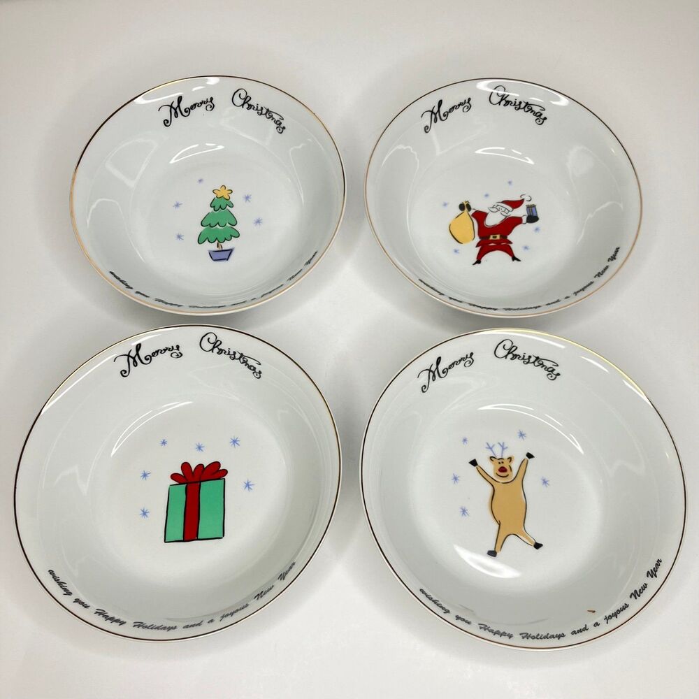 Merry Brite China MERRY CHRISTMAS Lot of 4 Soup Cereal Bowls Happy Holidays